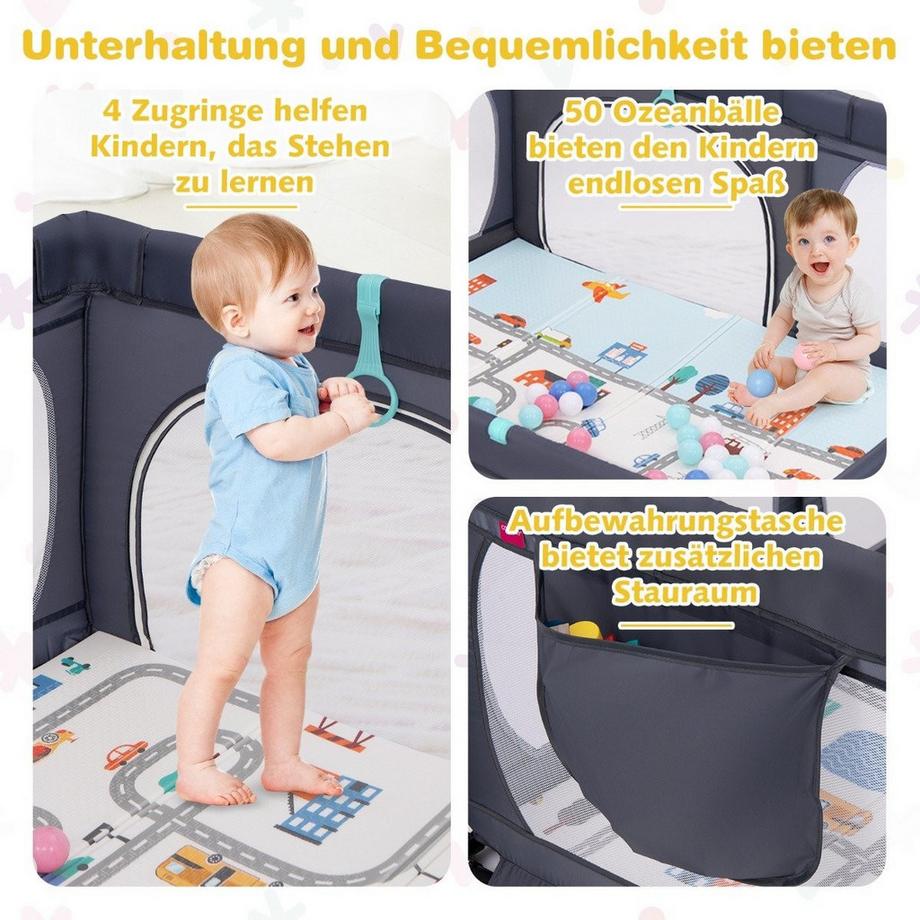Northix  Parc bébé avec matelas, 50 balles de jeu, 4 anneaux de traction et 4 portes zippées gris foncé 