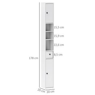 Northio Mobile da bagno stretto, mobile WC alto con cassetto, 3 scomparti aperti, ripiano regolabile, mobiletto da bagno per stanze piccole, bagno, soggiorno 20 x 20 x 178 cm bianco  
