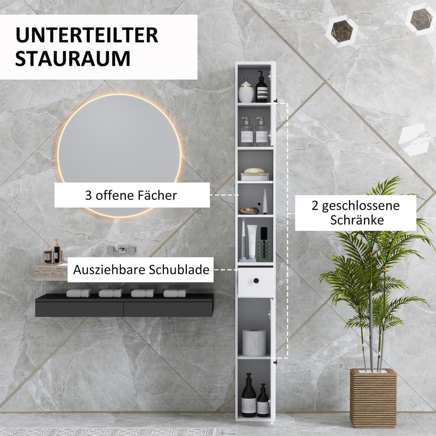 Northio Mobile da bagno stretto, mobile WC alto con cassetto, 3 scomparti aperti, ripiano regolabile, mobiletto da bagno per stanze piccole, bagno, soggiorno 20 x 20 x 178 cm bianco  