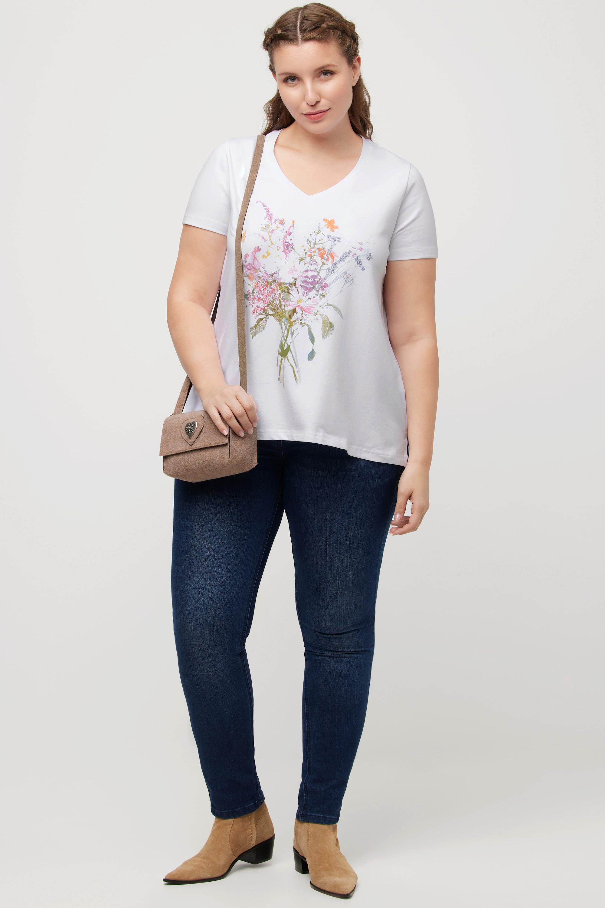 Ulla Popken  T-shirt classica con bouquet, scollo a V e mezze maniche 