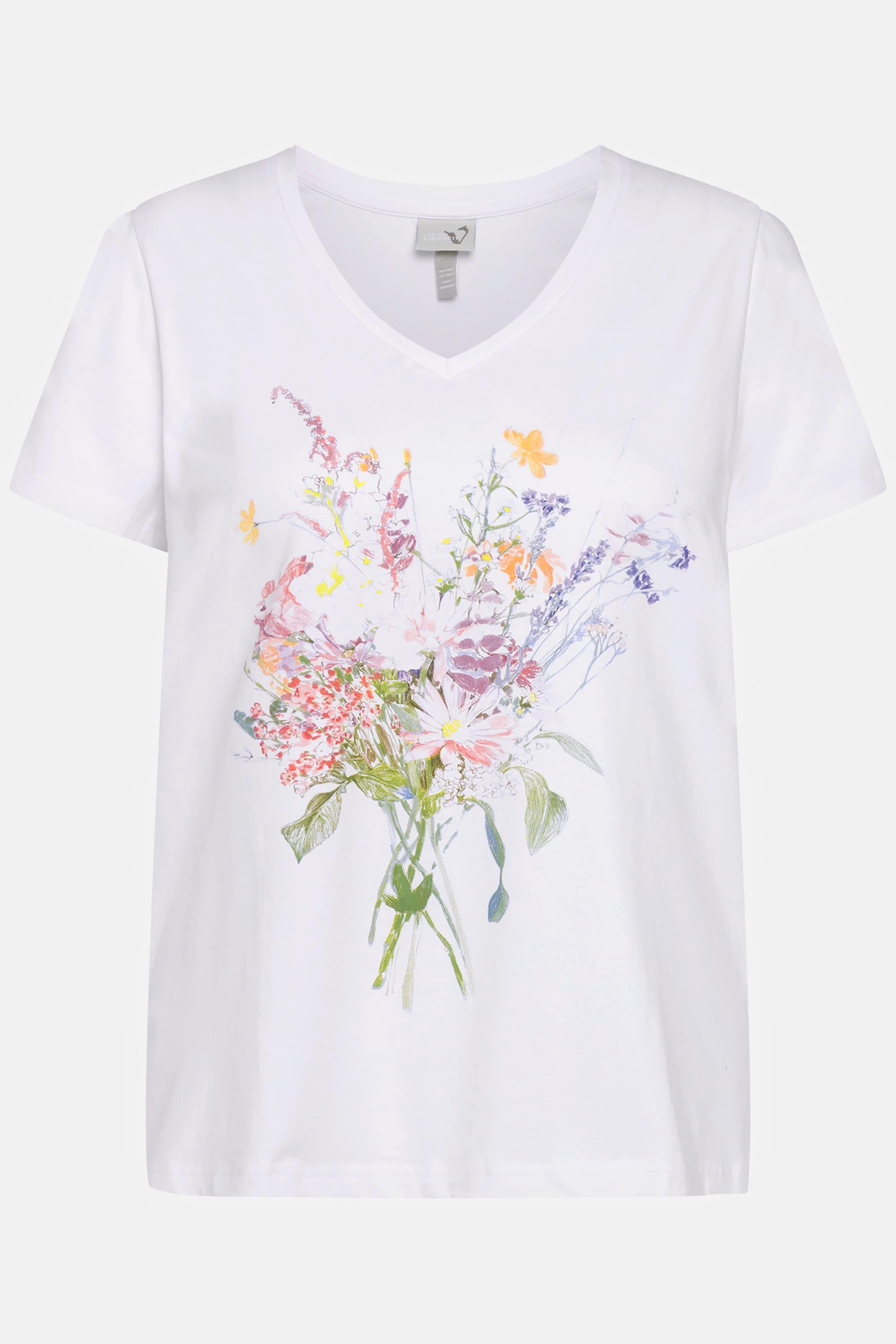 Ulla Popken  T-shirt classica con bouquet, scollo a V e mezze maniche 