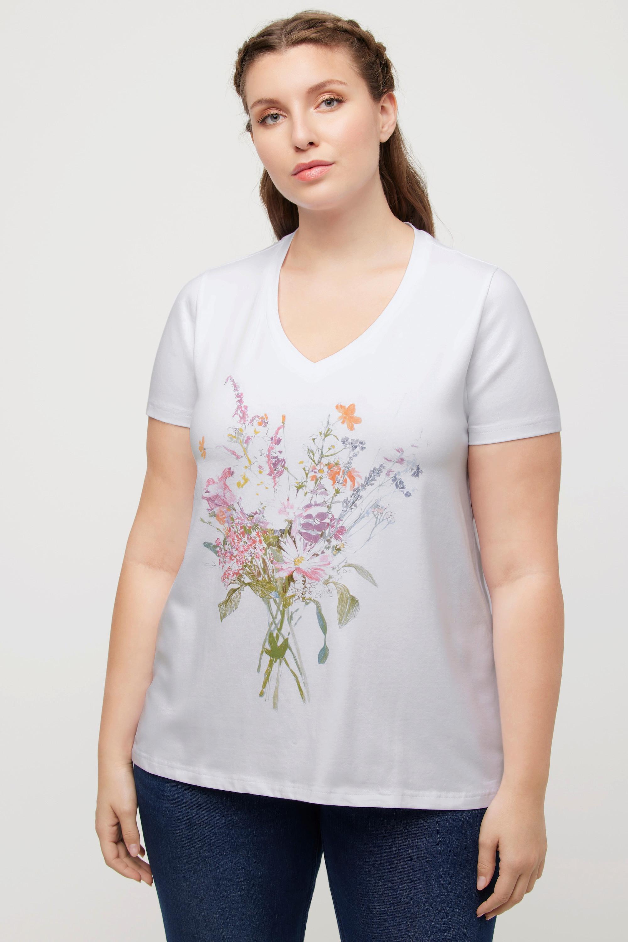 Ulla Popken  T-shirt classica con bouquet, scollo a V e mezze maniche 