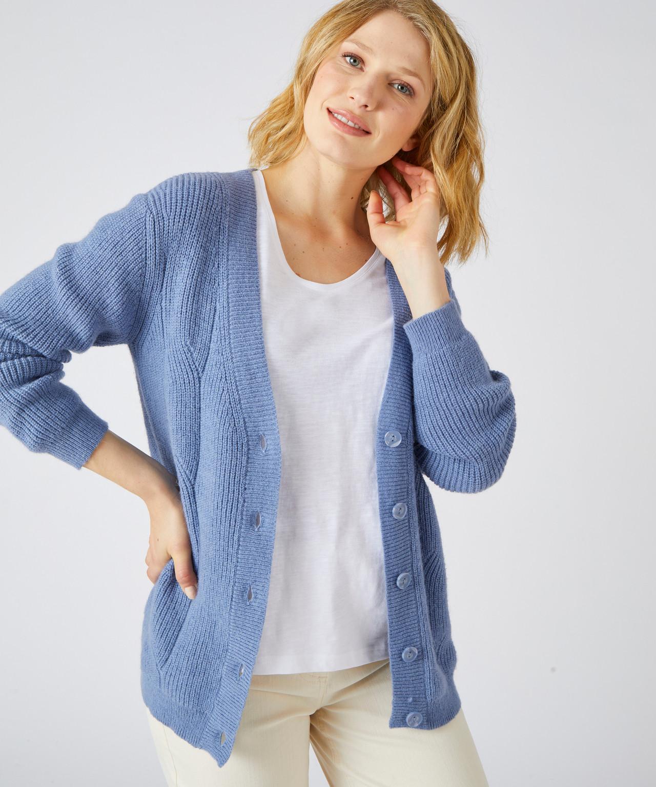 Image of Strickjacke Mit V-ausschnitt Aus Alpaka-mix. Damen Blau 38/40