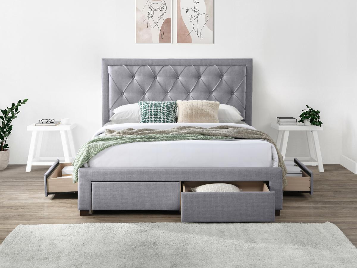 Vente-unique Letto con Cassetti 140 x 190 cm Tessuto Grigio  - LEOPOLD  