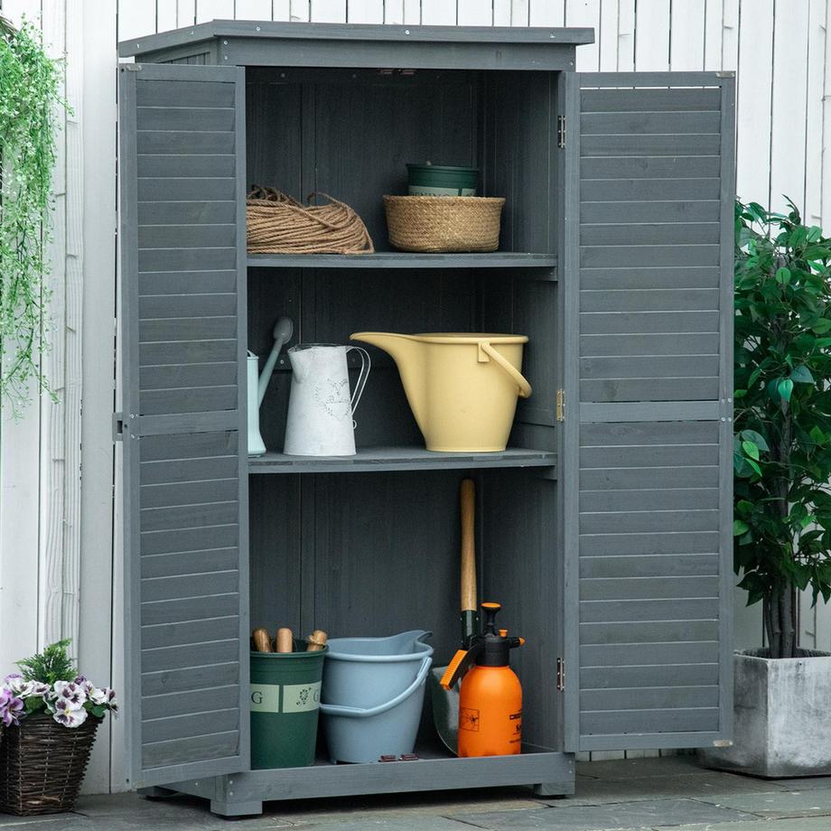 Northio Gartenschrank Holz Gerätehaus Mit Pultdach, Bitumenpappe, Lamellentüren, Grau, 87X46,5X160Cm  