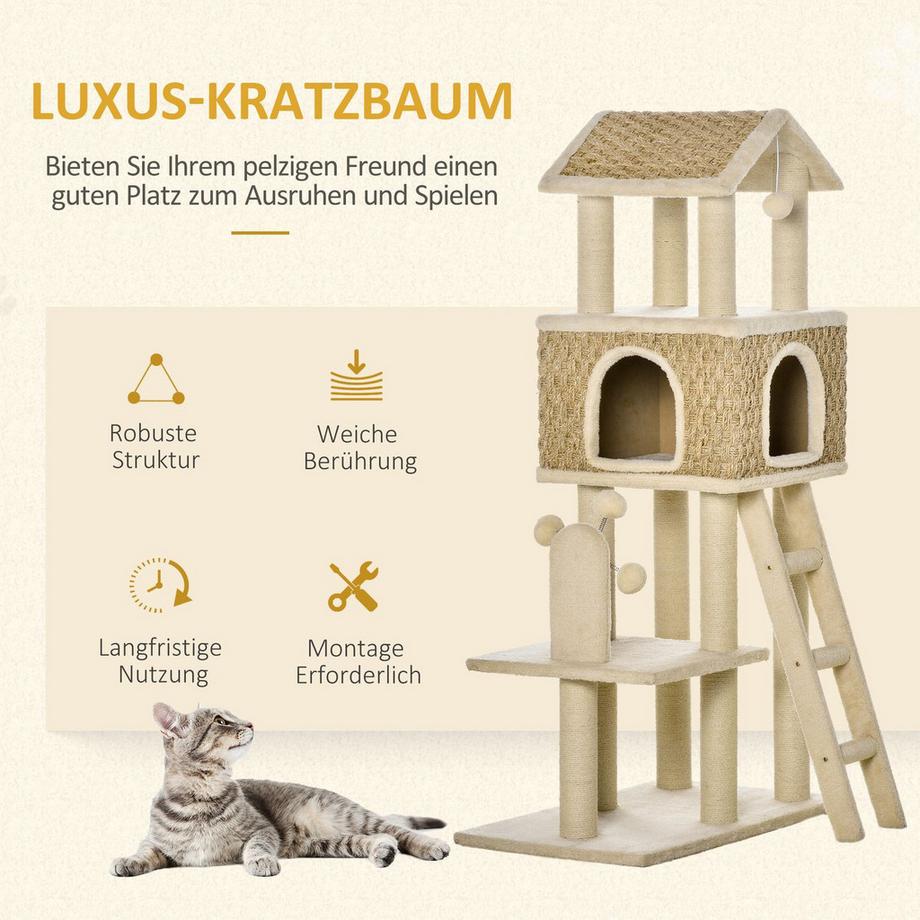 Northio  Kratzbaum Großer Katzenbaum 130Cm, Mit Katzenhöhle & Spielbällen, Jutestämme, Khaki+Beige, Spanplatte Plüsch 