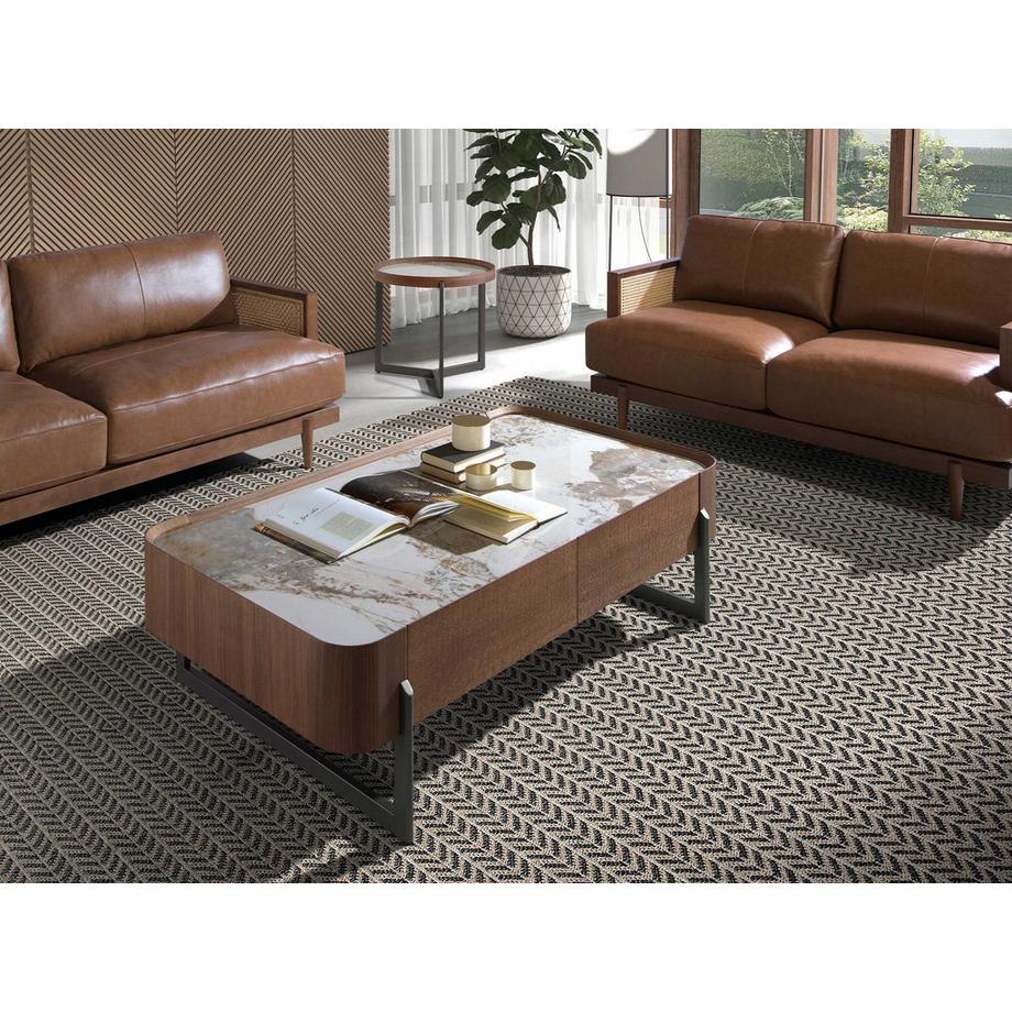 ANGEL CERDA Tavolino rettangolare in marmo porcellanato, noce e acciaio metallizzato scuro  