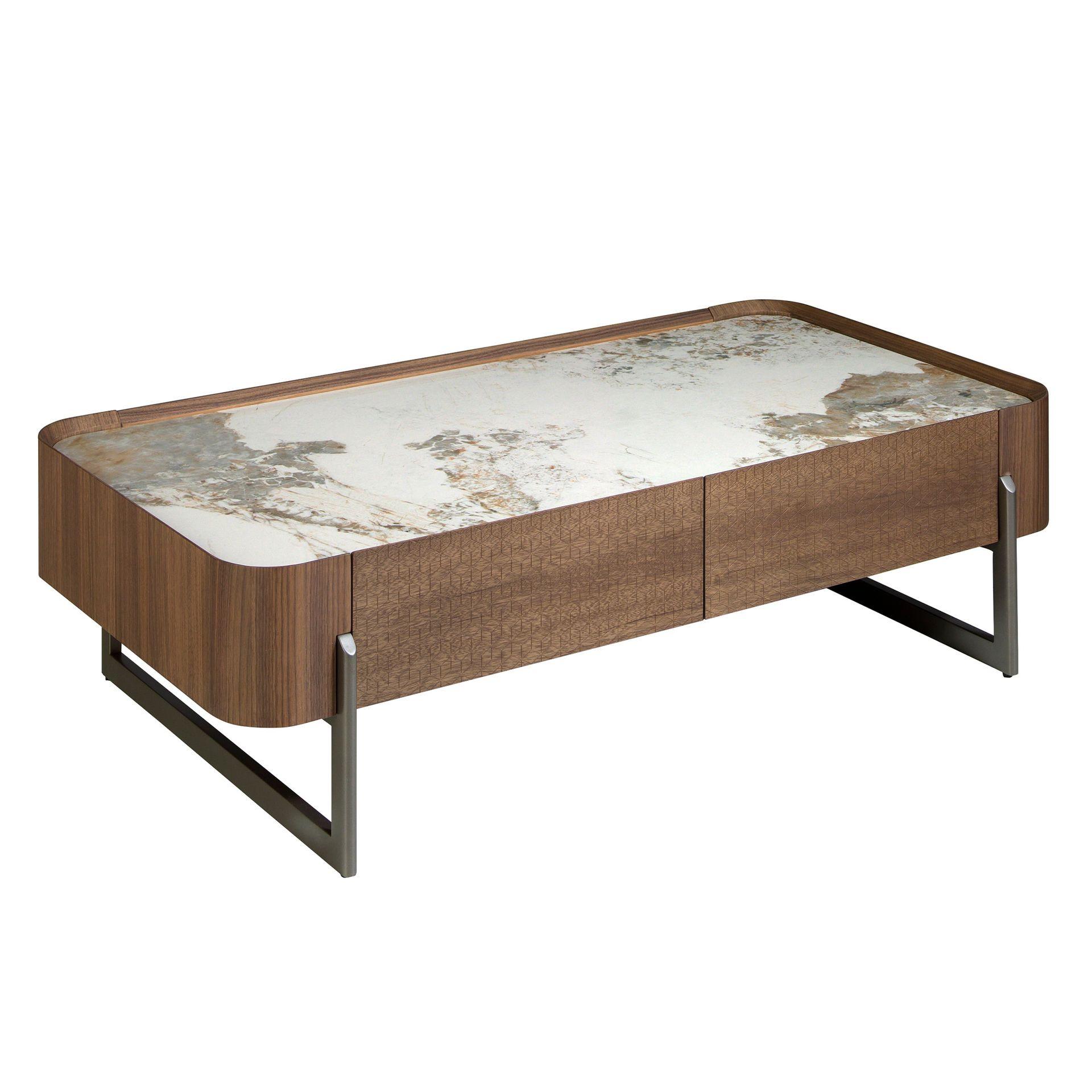 Image of Rechteckiger Couchtisch aus Porzellanmarmor, Nussbaum und dunklem Metallic-Stahl Rechteckiger Couchtisch aus Porzellanmarmor, Nussbaum und dunklem Metallic-Stahl