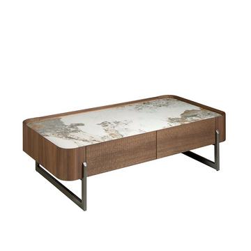 Table basse rectangulaire en marbre de porcelaine, noyer et acier métallique foncé