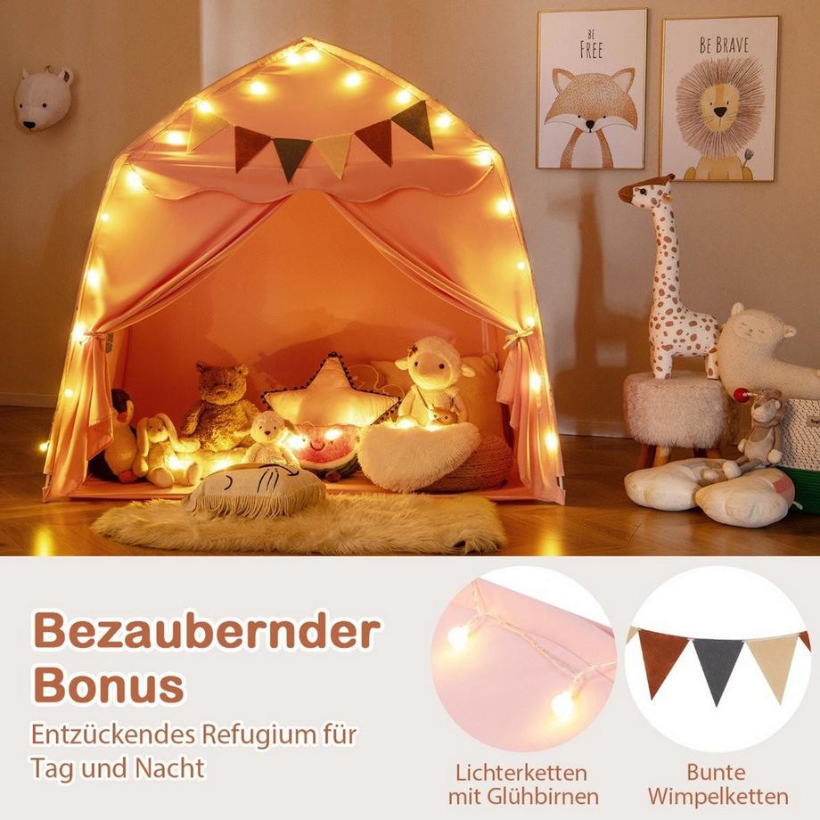 Northio  Playhouse Tente d'intérieur pour enfants avec drapeaux et guirlandes lumineuses - Tente de jeu princesse rose 