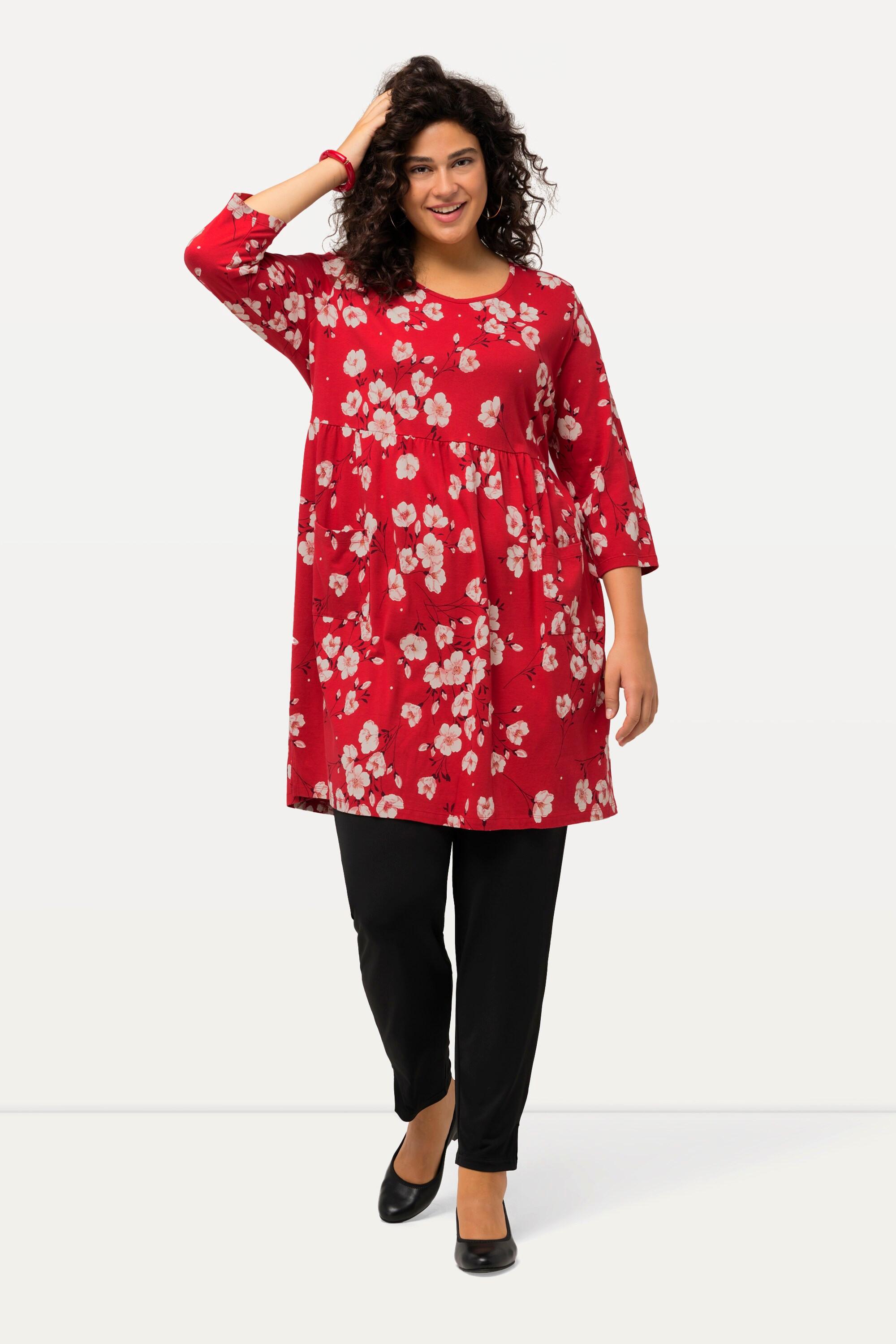 Ulla Popken T-shirt long floral ligne A col rond manches 3/4  