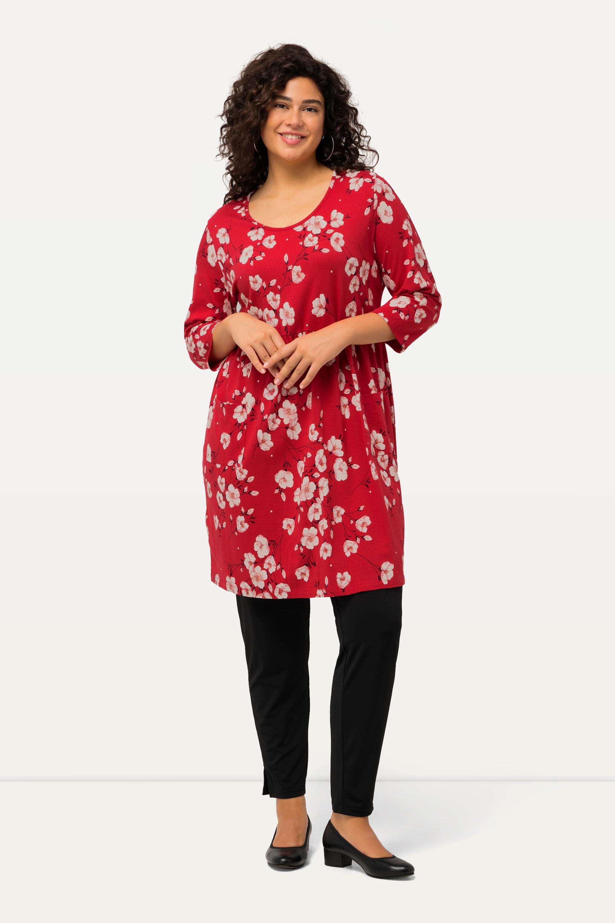 Ulla Popken T-shirt long floral ligne A col rond manches 3/4  