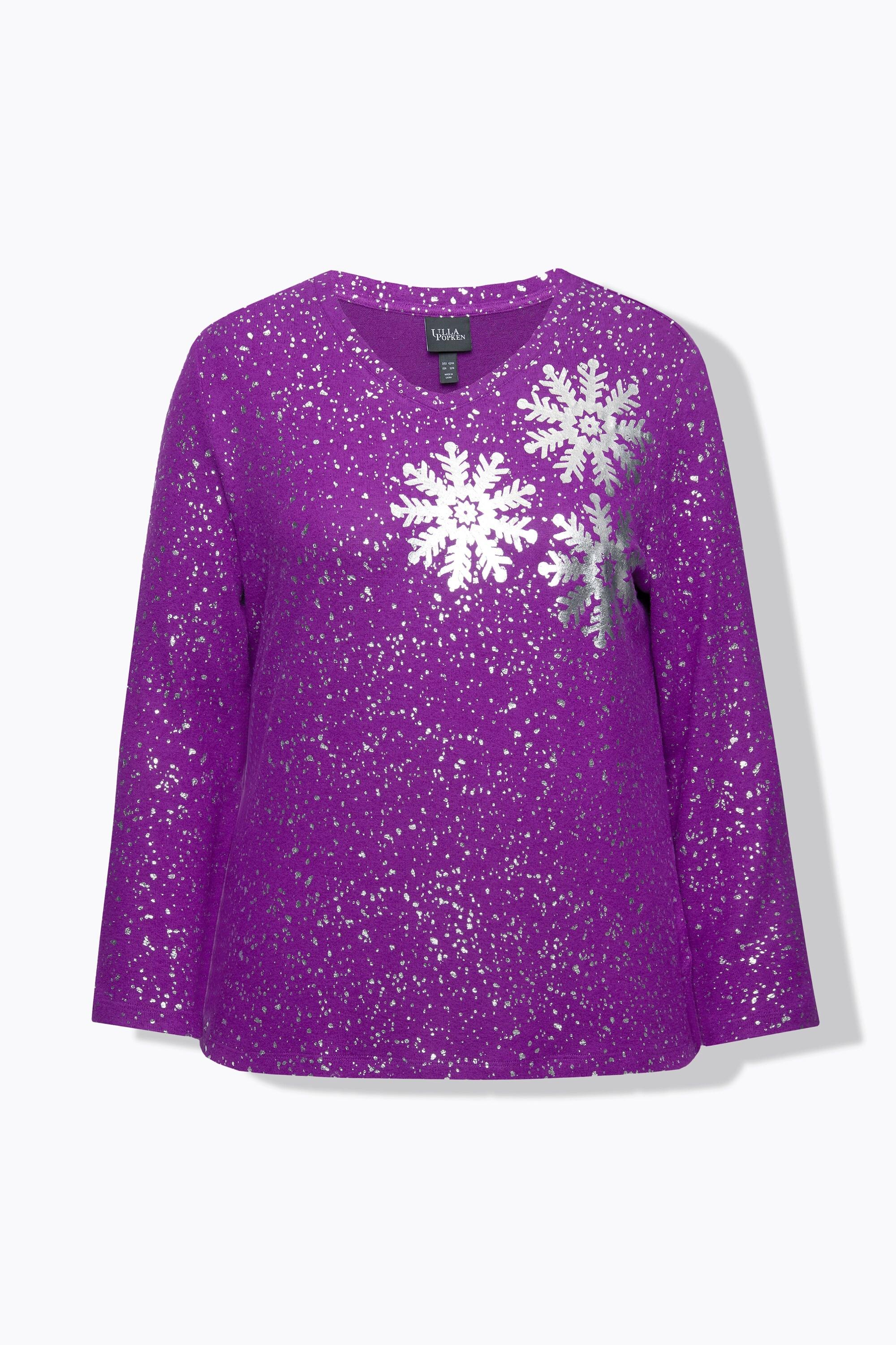 Ulla Popken  Sweat-shirt à col en V et manches longues, flocons de neige 