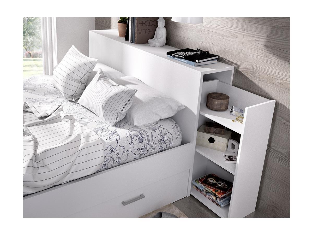 Vente-unique Lit avec tête de lit rangements et tiroirs 140 x 190 cm - Coloris : Blanc + Sommier + Matelas - FLORIAN  