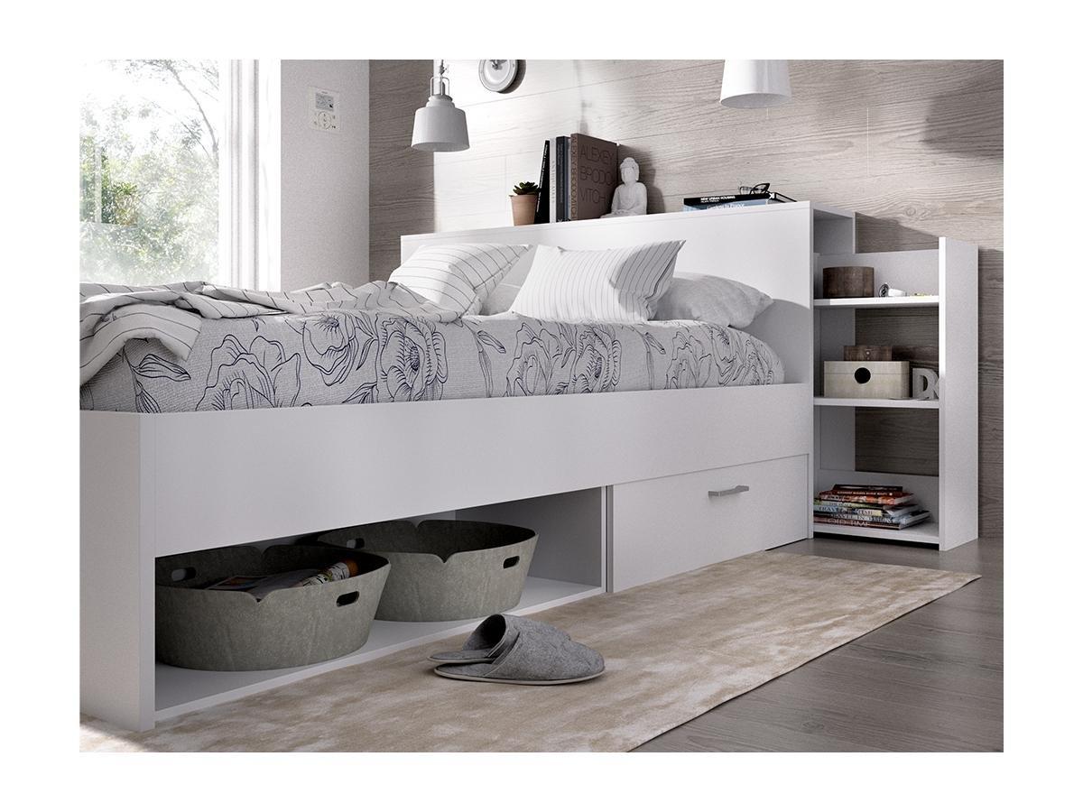 Vente-unique Letto con testata vani portaoggetti e cassetti 140 x 190 cm Bianco + Rete + Materasso - FLORIAN  