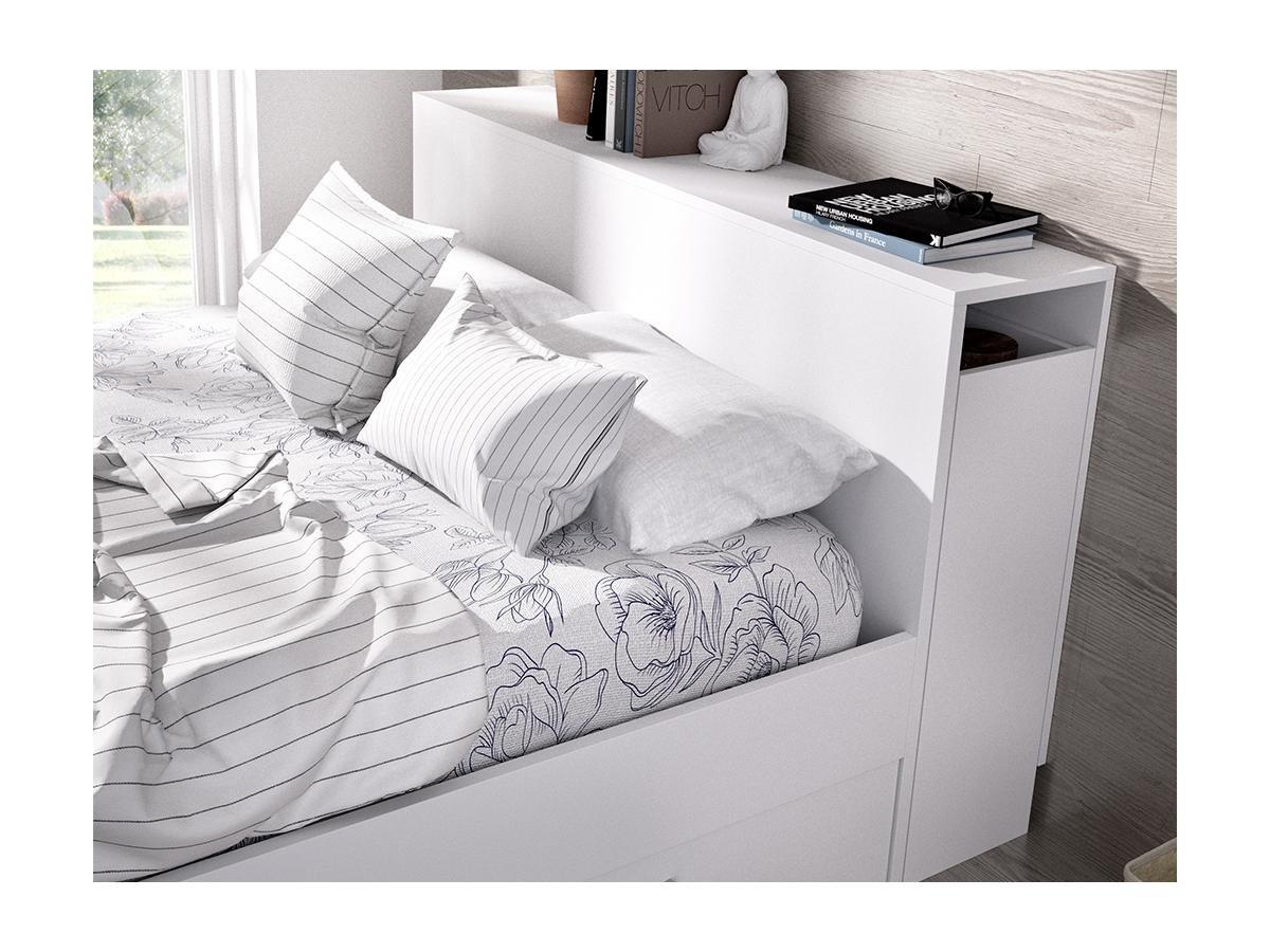 Vente-unique Lit avec tête de lit rangements et tiroirs 140 x 190 cm - Coloris : Blanc + Sommier + Matelas - FLORIAN  