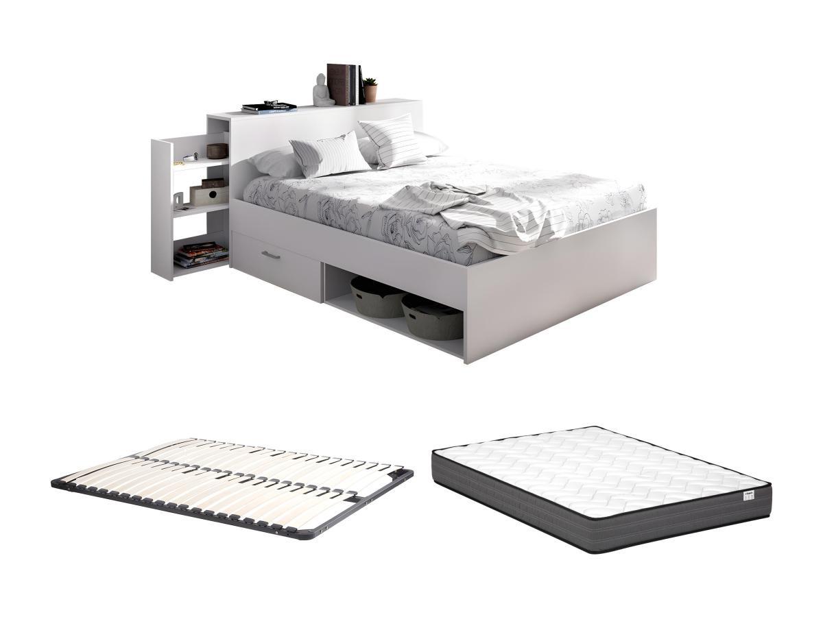 Vente-unique Lit avec tête de lit rangements et tiroirs 140 x 190 cm - Coloris : Blanc + Sommier + Matelas - FLORIAN  