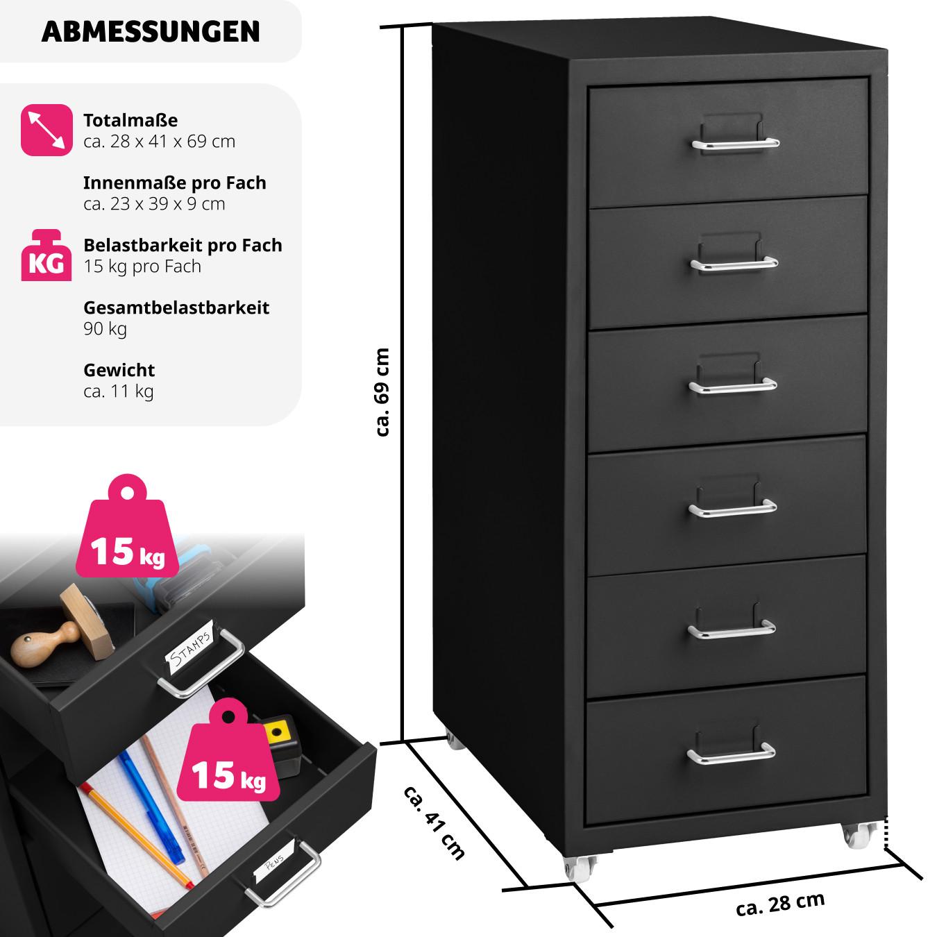 Tectake Caisson de bureau roulant en métal 41x28x69cm  