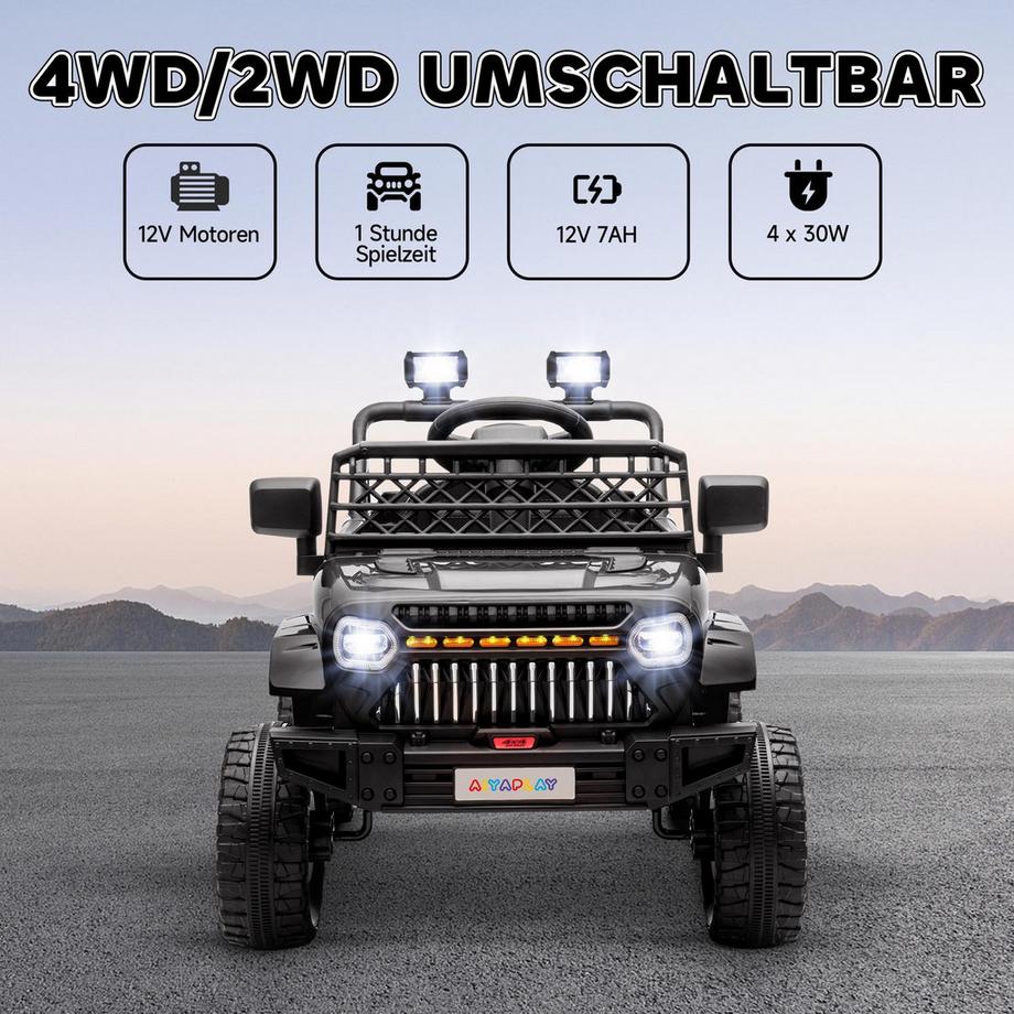 Northio  Kinder Elektroauto, 12 V Geländewagen mit 2,4G Fernbedienung, Anhänger, Kinderfahrzeug mit LED-Lichte, Sanft-Start, Musik und Hupe, 2,5-4 km/h, für 3-8 Jahre Kinder, Schwarz 