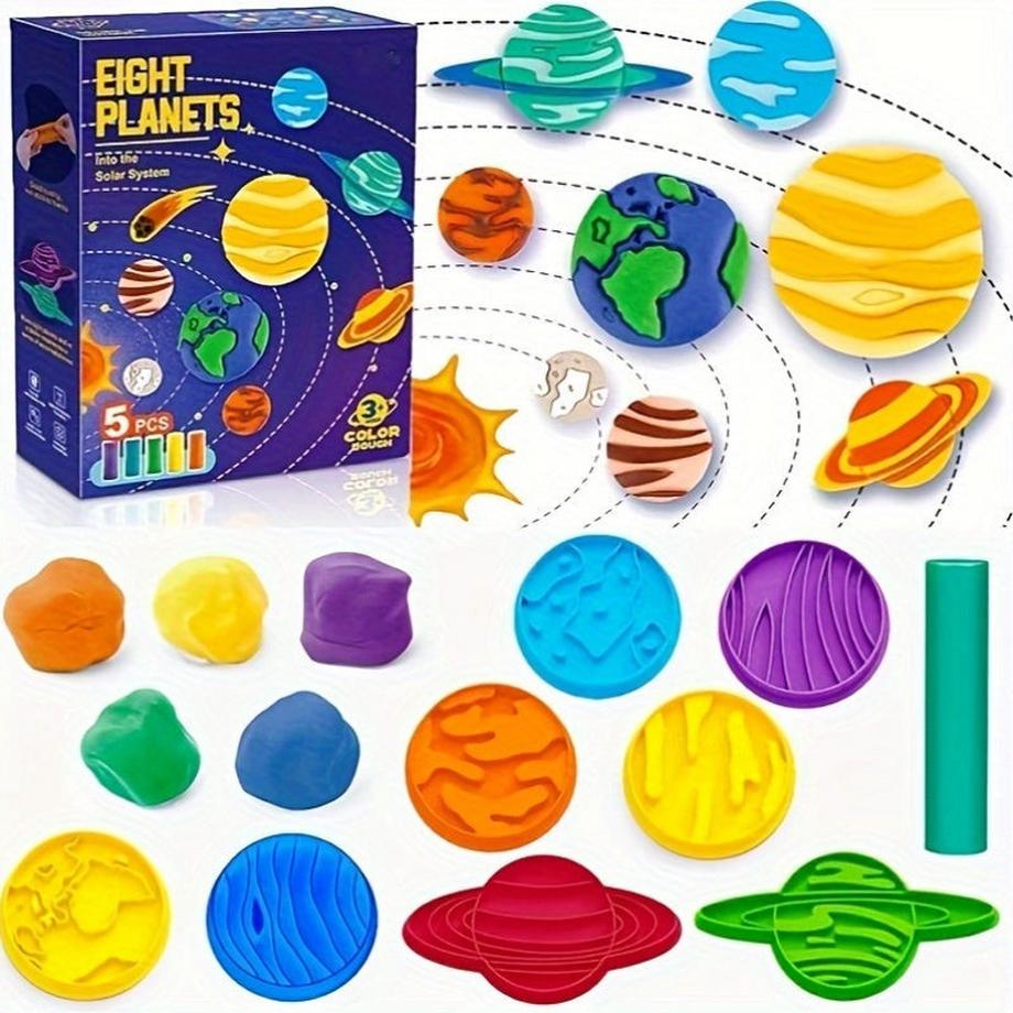 Activity-board  Jeu de pâte à modeler pour enfants - 14 pièces en pâte à modeler sur le thème de l'espace avec des moules et des outils pour les planètes, développe la dextérité, convient aux 3-12 ans 
