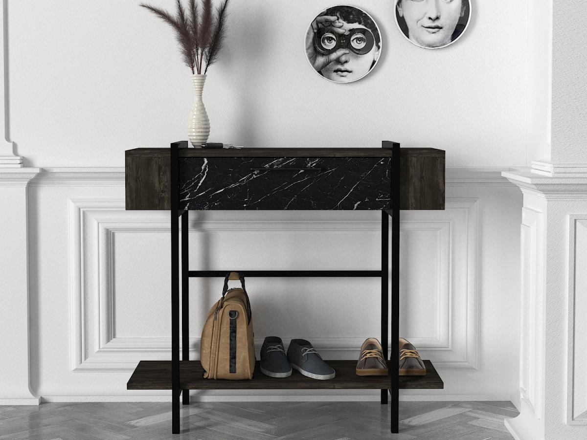 Vente-unique Console avec 1 porte et 1 étagère - Naturel foncé et effet marbre noir - CHENOA  