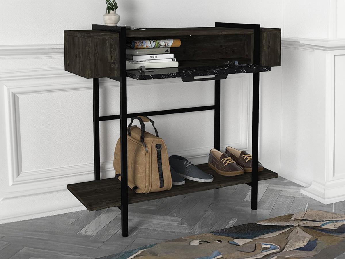 Vente-unique Console avec 1 porte et 1 étagère - Naturel foncé et effet marbre noir - CHENOA  