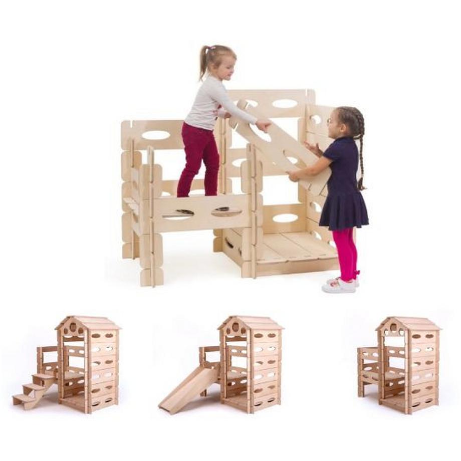 Montessori  Casetta Montessori con scivolo – 100% legno di betulla naturale, 215 x 131 x 149 cm, multicolore 