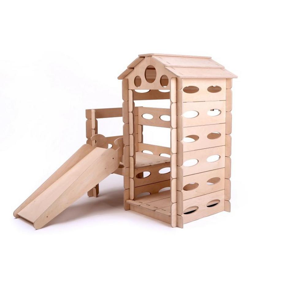 Montessori  Casetta Montessori con scivolo – 100% legno di betulla naturale, 215 x 131 x 149 cm, multicolore 