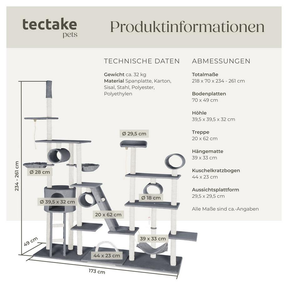Tectake  Arbre à chat SNOOKY 234 à 261 cm avec griffoir et plateforme d'escalade 