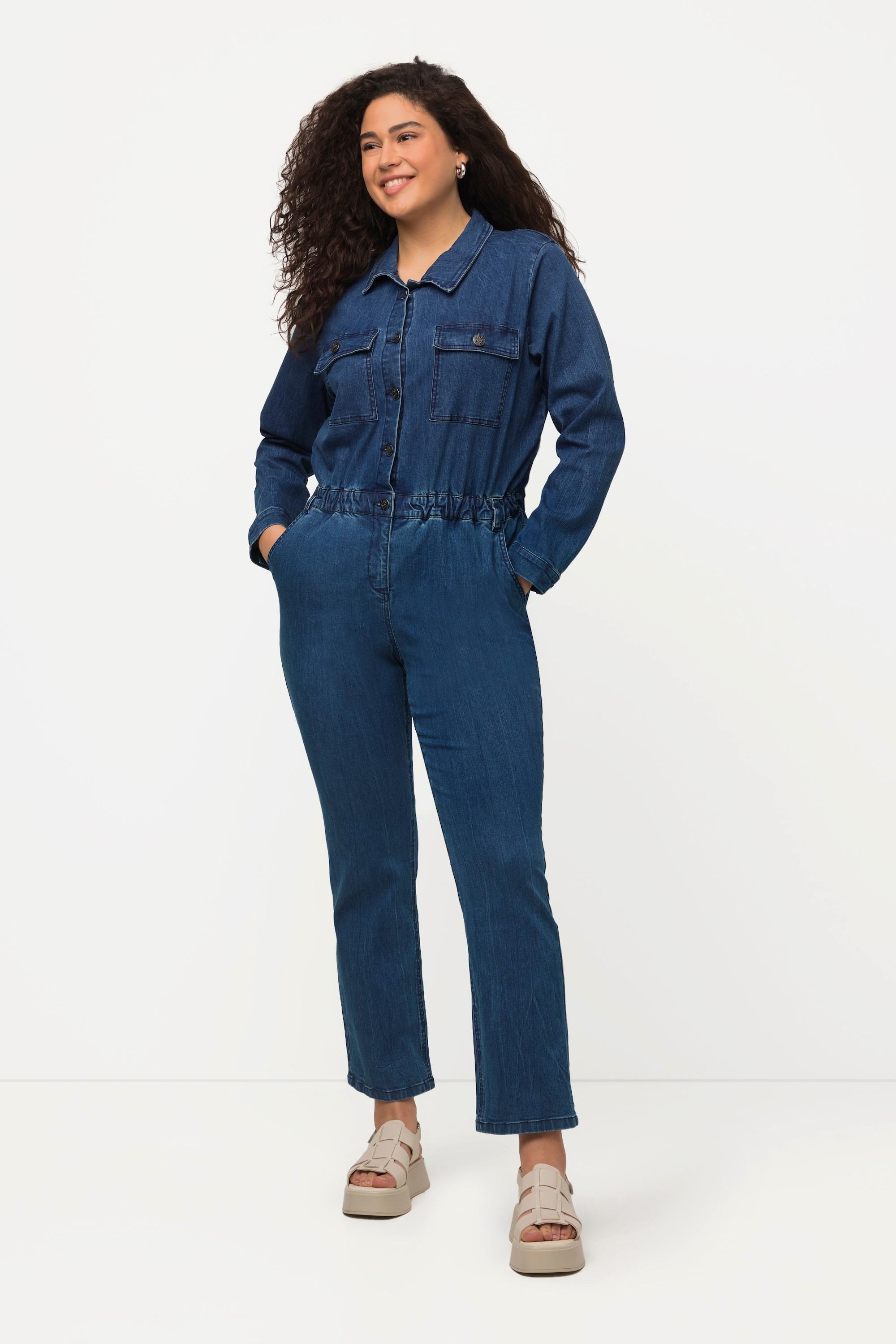 Ulla Popken  Jeans-Boilersuit, Jeans-Overall, Hemdkragen, Langarm 