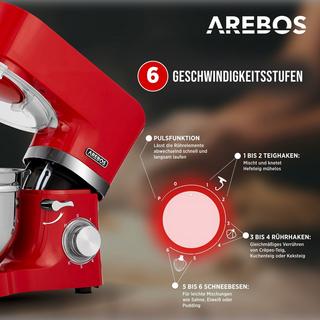 Arebos Robot de Cuisine 1500W avec 2x Acier inoxydable-Bol mélangeur 6 étapes  