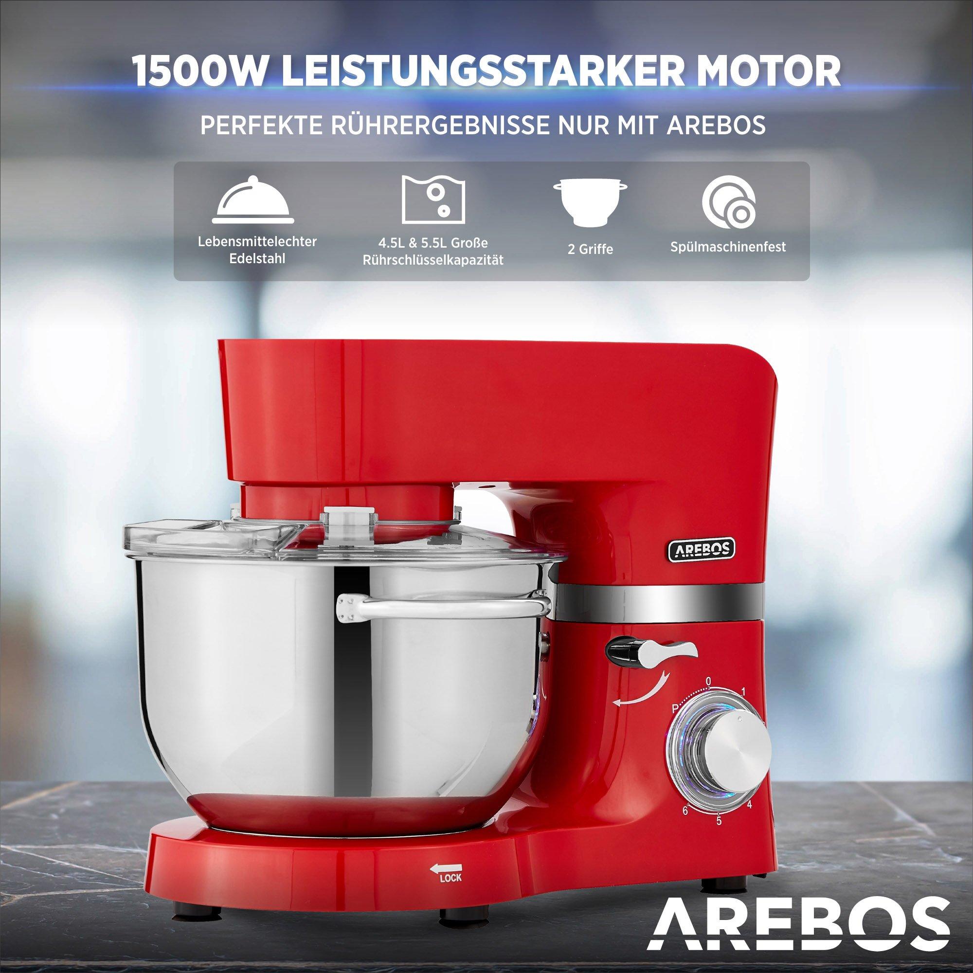 Arebos Robot de Cuisine 1500W avec 2x Acier inoxydable-Bol mélangeur 6 étapes  