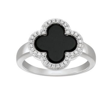 LÉGENDE-Ring mit Kleeblatt aus schwarzem Achat, Silber und Zirkonoxiden