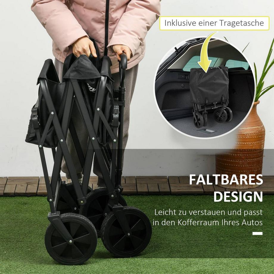 Northio Bollerwagen Faltbar, Transportwagen Mit Sonnendach, Handwagen Mit Griff, Gartenwagen Mit Tragetasche, Bis 110 Kg Belastbar, Oxford, Schwarz  