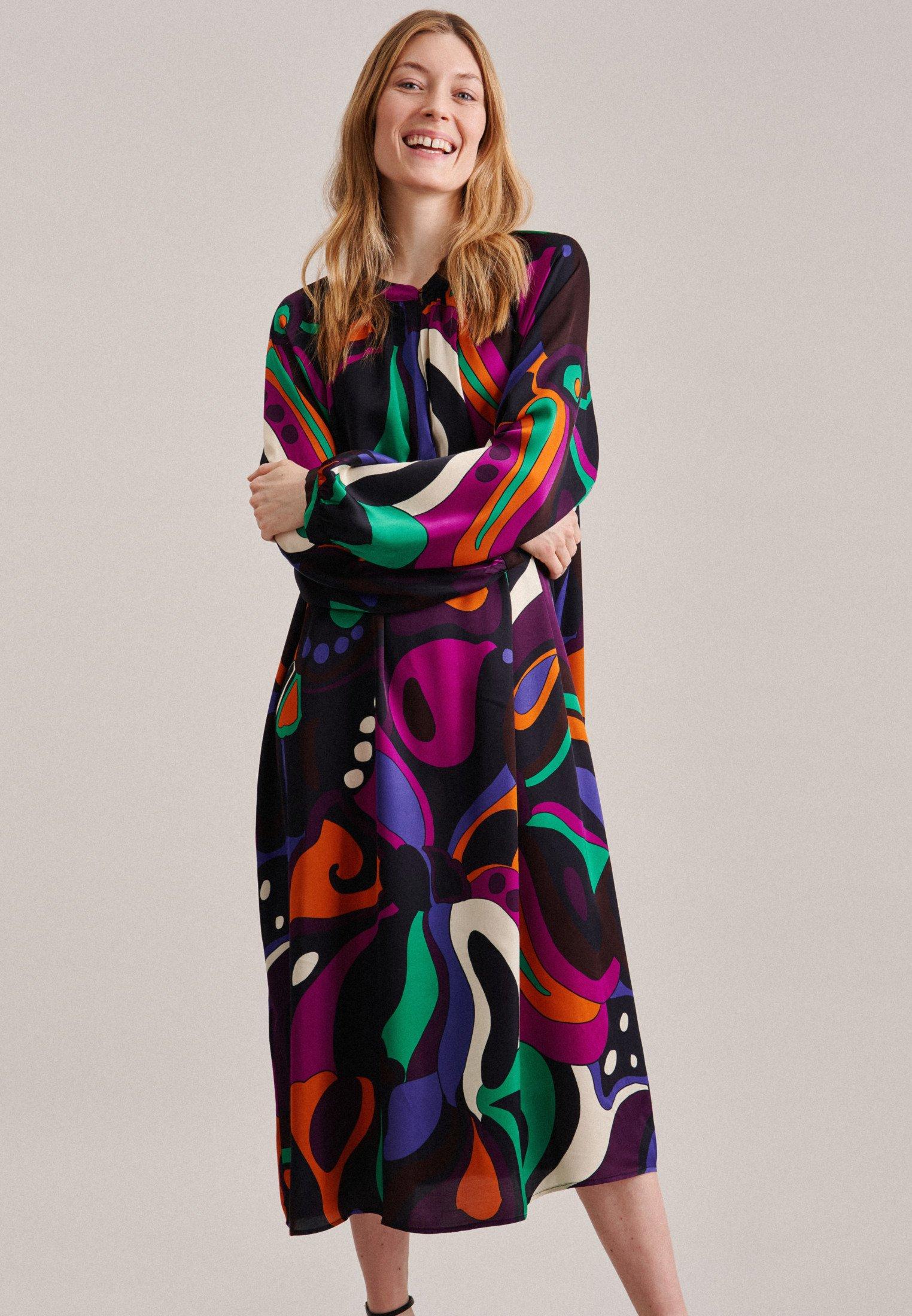 Image of Kleid Druck Langarm Rundhals Damen Schwarz 38