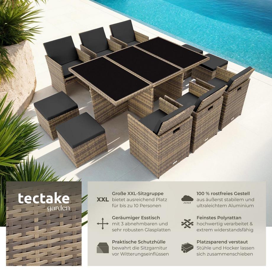 Tectake Rattan Sitzgruppe New York mit Aluminiumgestell für 6 bis 10 Personen  