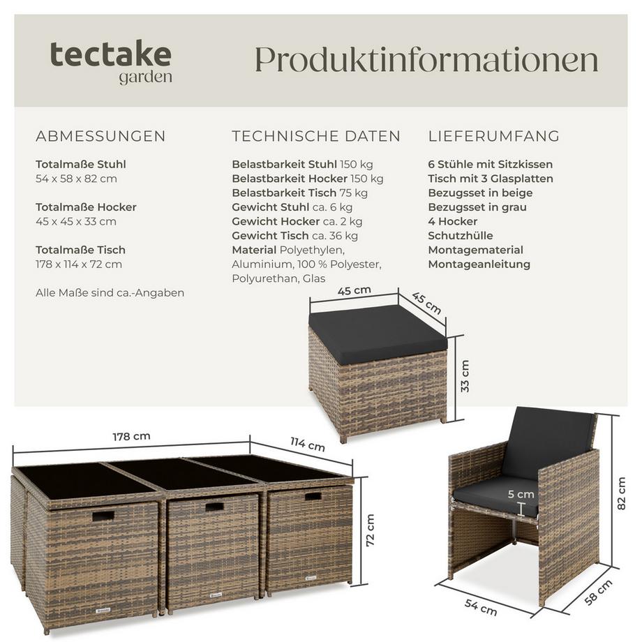 Tectake Rattan Sitzgruppe New York mit Aluminiumgestell für 6 bis 10 Personen  