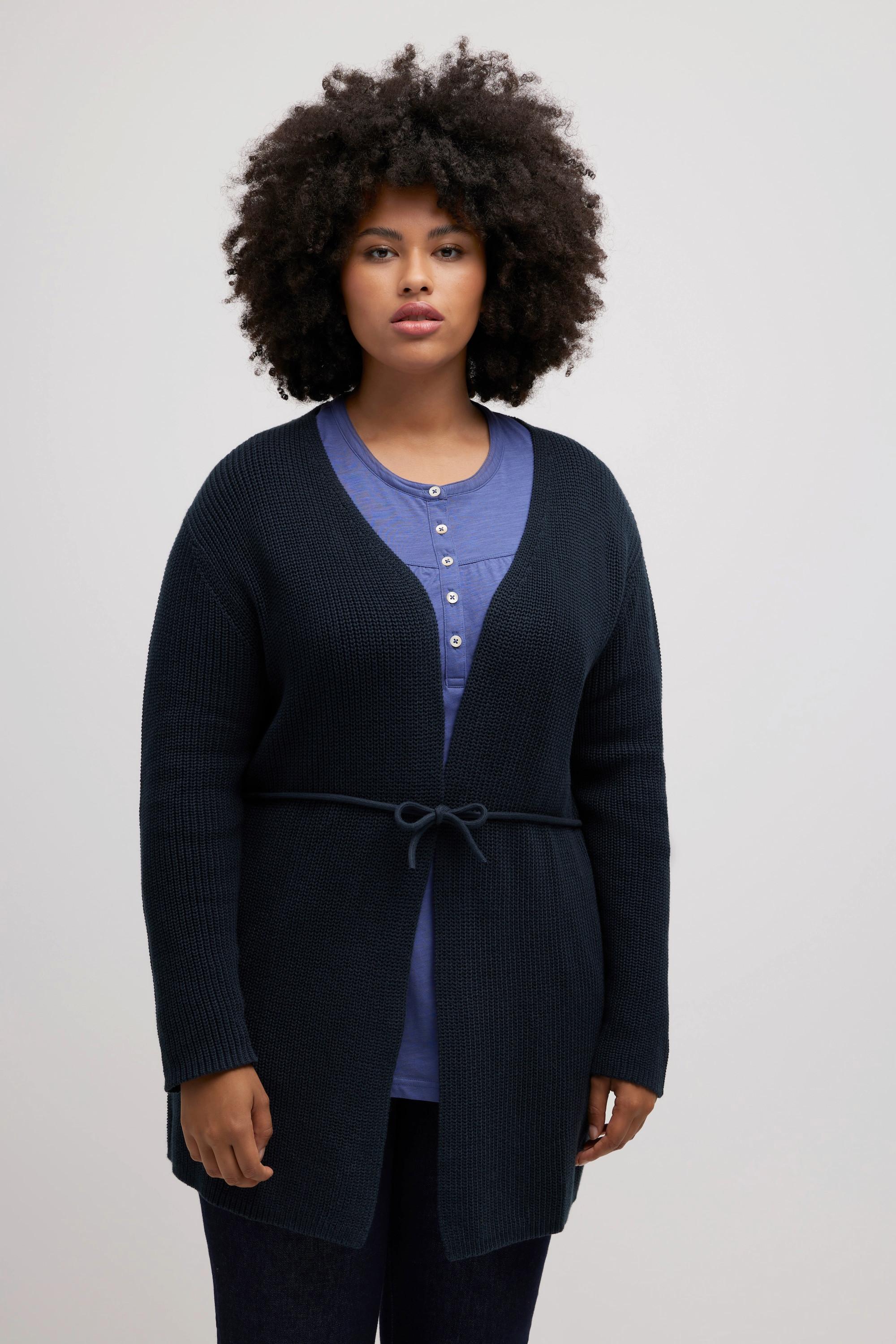 Ulla Popken  Cardigan, ceinture nouée, maille côtelée, coton bio 