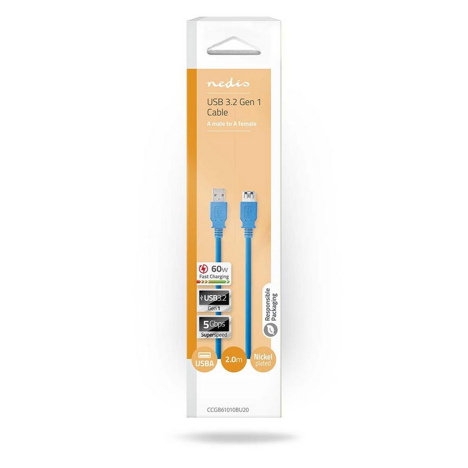 Nedis  Câble USB | USB 3.2 Gen 1 | USB-A mâle | USB-A femelle | 5 Gbps | Nickelé | 2.00 m | Rond | PVC | Bleu | Boîte 