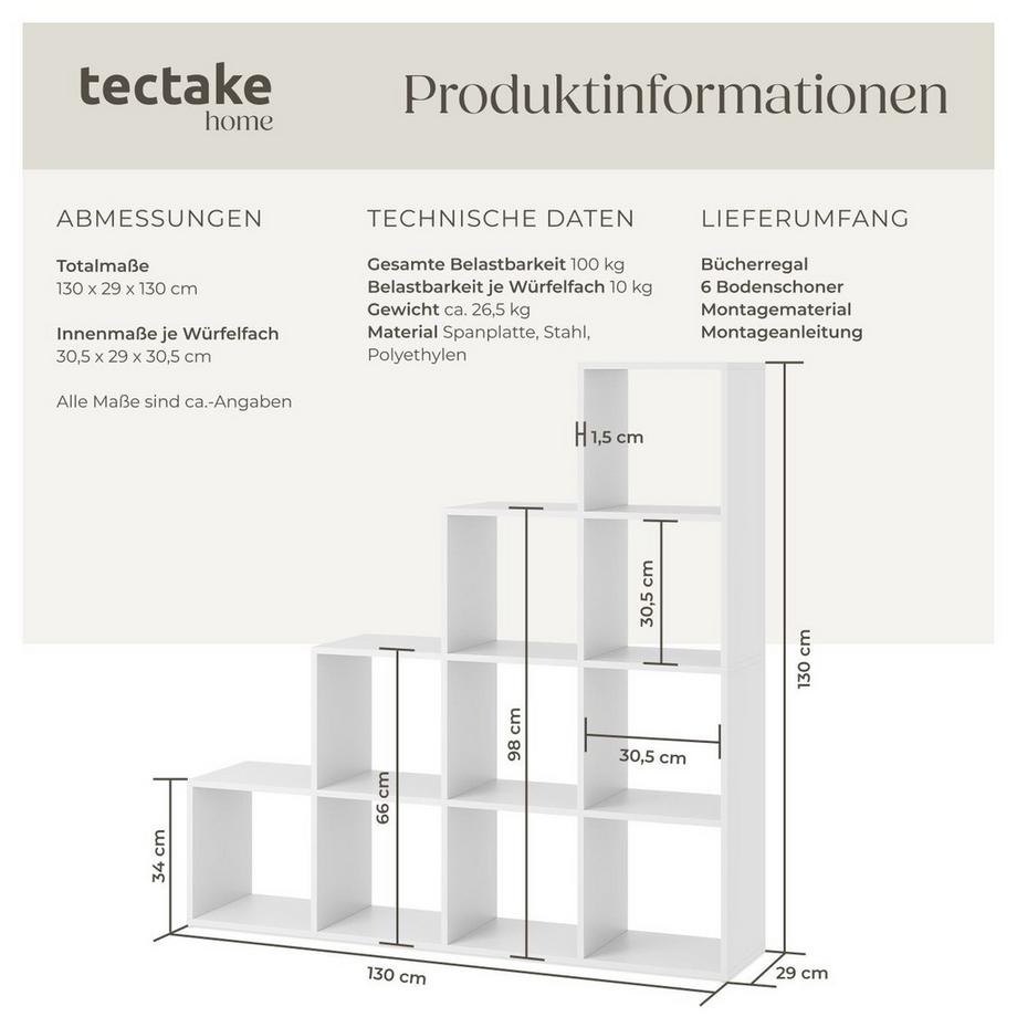 Tectake Bücherregal Talisa praktisches Würfeldesign mit 10 Fächern, Belastbarkeit 100 kg  
