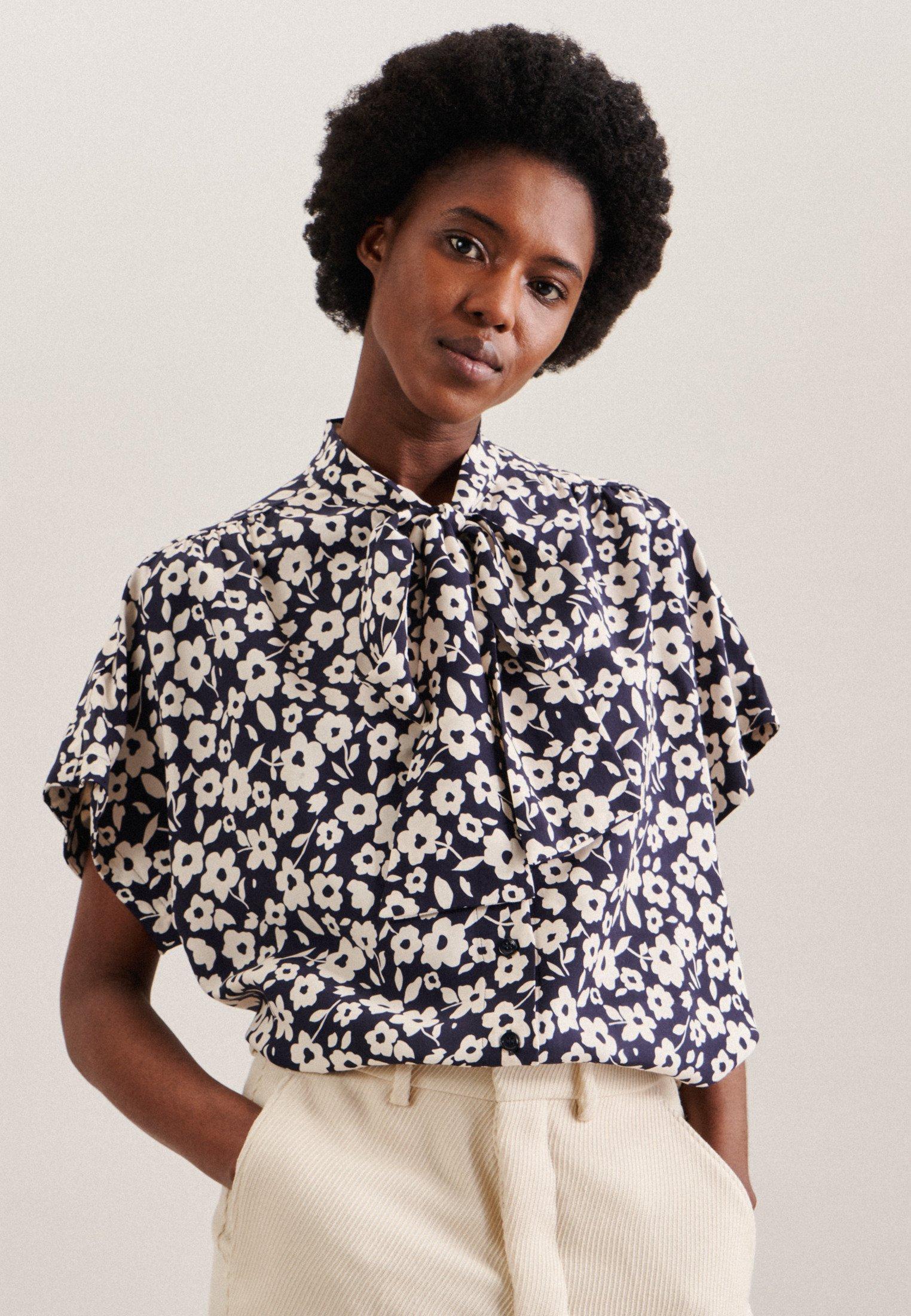 Image of Schluppenbluse Druck Kurzarm Kragen Damen Dunkelblau 36