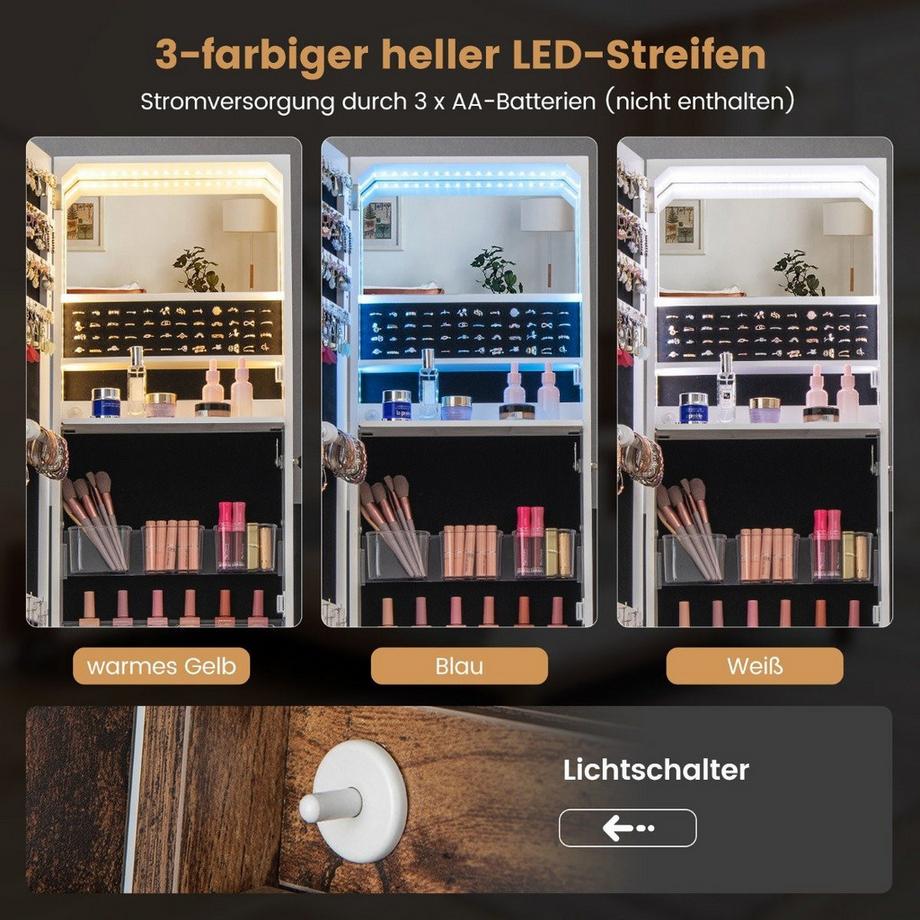 Schmuckschrank mit Spiegel Spiegelschrank abschließbar mit 3 farbigen