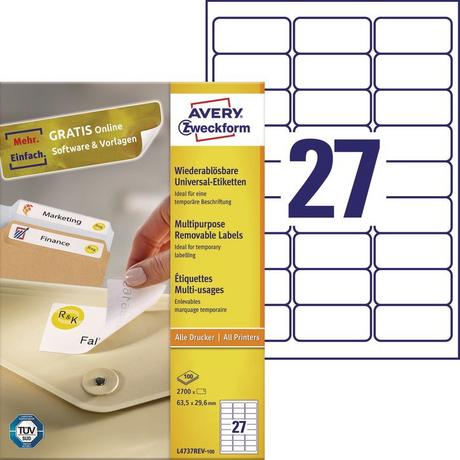 Avery-Zweckform Universal-Etiketten 63.5 x 29.6 mm Papier Weiß 2700 St. Wiederablösbar Tintenstrahldrucker  