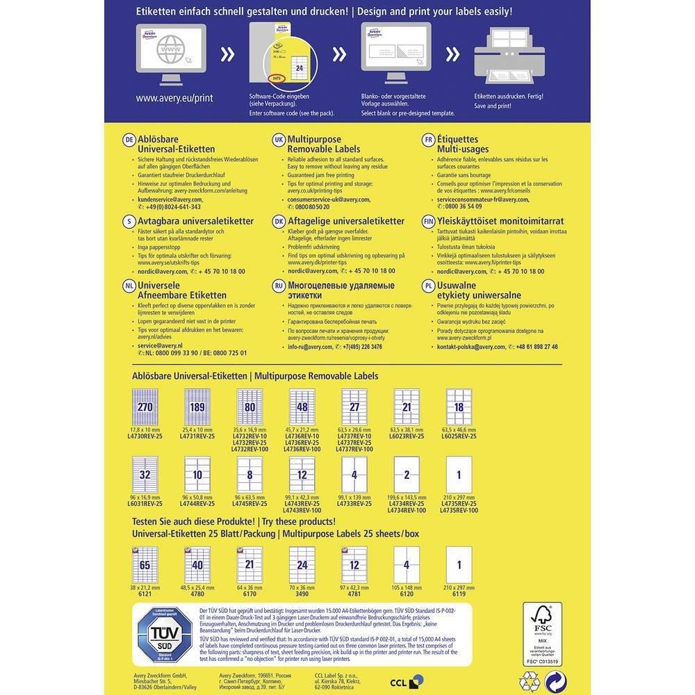 Avery-Zweckform Universal-Etiketten 63.5 x 29.6 mm Papier Weiß 2700 St. Wiederablösbar Tintenstrahldrucker  