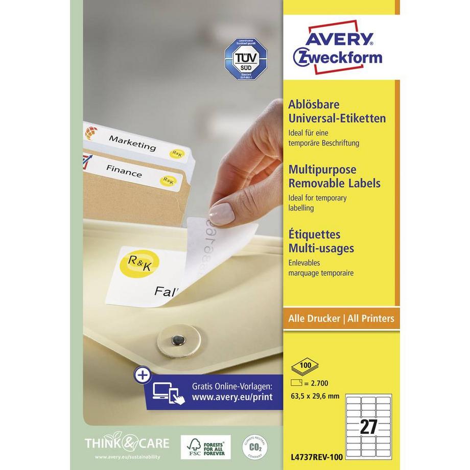 Avery-Zweckform Etichetta universale 63.5 x 29.6 mm Carta Bianco 2700 pz. Staccabile Stampante a getto d'in  