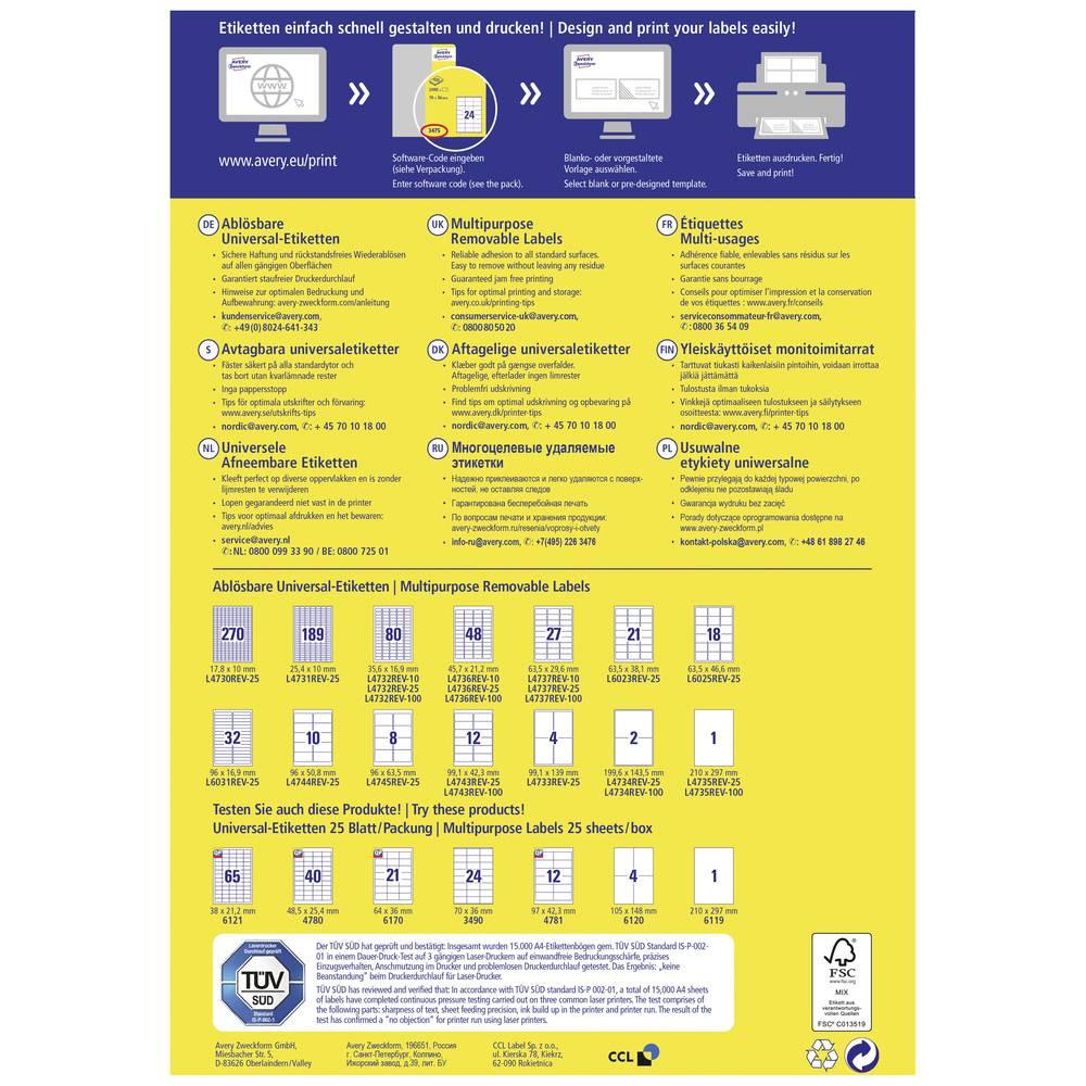 Avery Zweckform Etichetta universale 63.5 x 29.6 mm Carta Bianco 2700 pz. Staccabile Stampante a getto d'in  