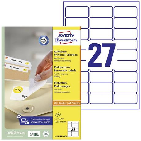 Avery Zweckform Etichetta universale 63.5 x 29.6 mm Carta Bianco 2700 pz. Staccabile Stampante a getto d'in  