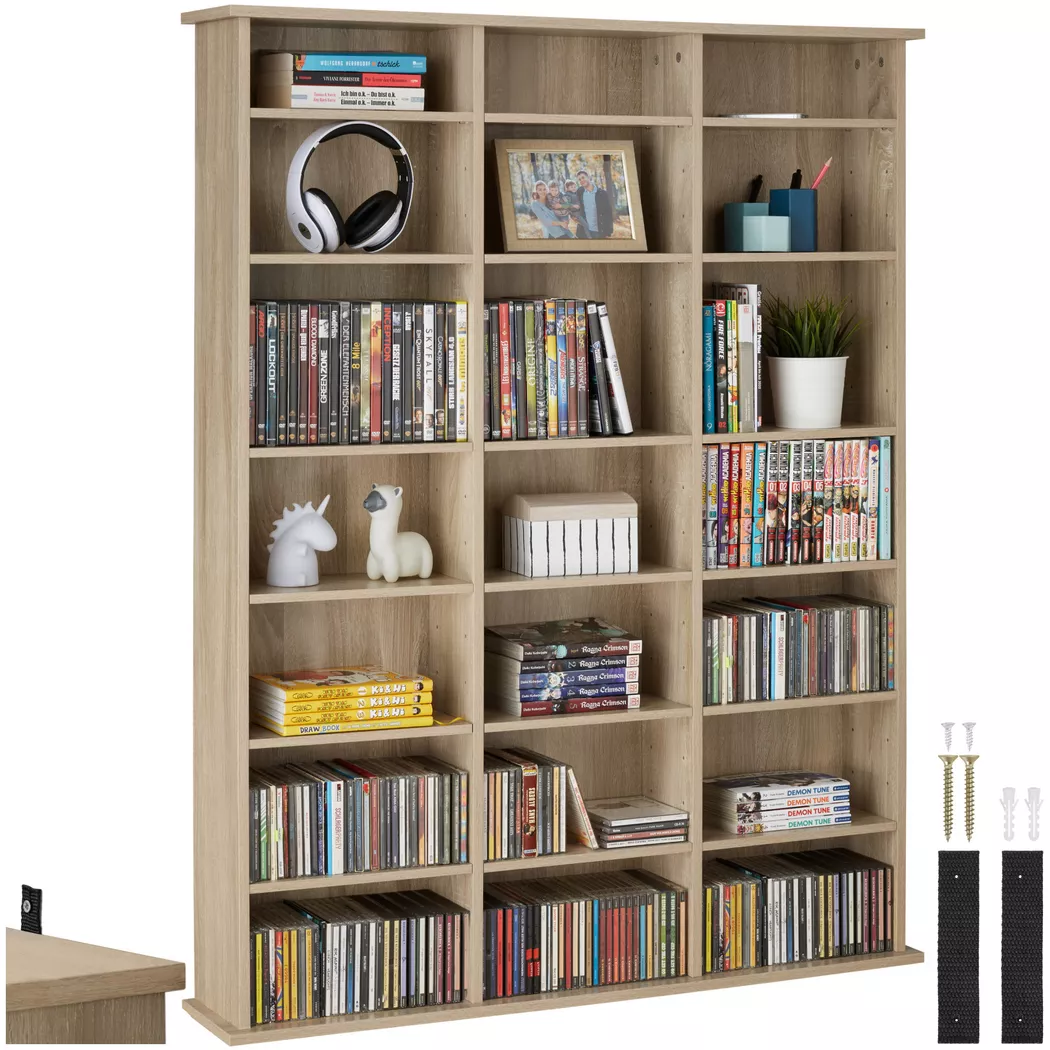 Tectake - Estantería STEVIE 105,5 x 19 x 136,5 cm, Elegante estantería para CDS con mucho espacio de almacenamiento, 18 estantes ajustables, Estructura estable y segura