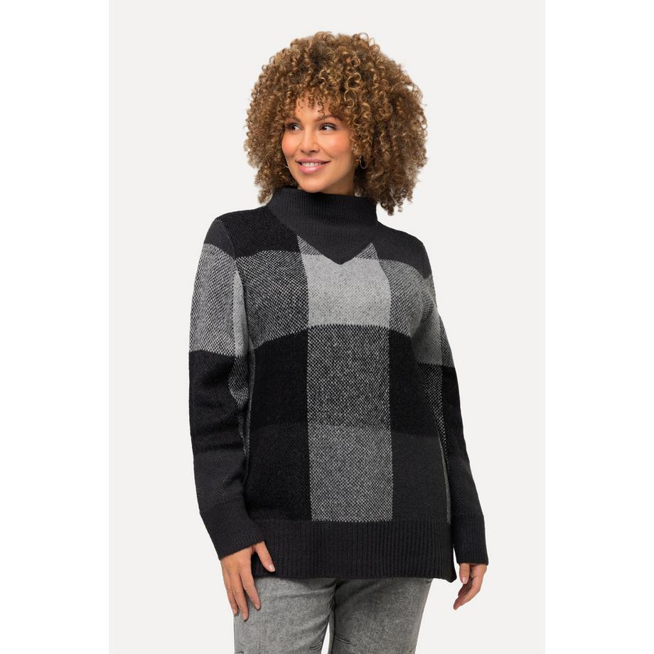 Ulla Popken Pull Motif à Carreaux Col Montant Manches Longues  