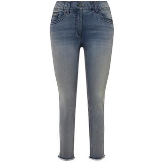 Ulla Popken  Jeans modello Sarah con orlo sfrangiato, gamba aderente e cintura elastica 